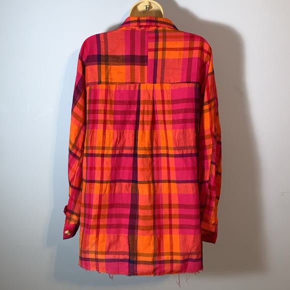 BiBi Vibrant Plaid button down double chest pockets S orange pink linen cotton S - Picture 2 of 7